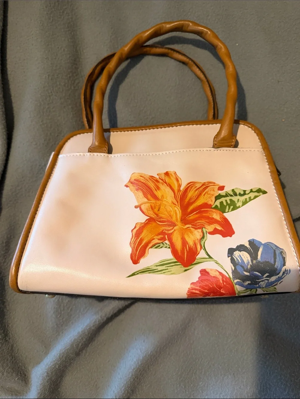 Patricia Nash Cream Satchel with Floral Print and Tan Handles